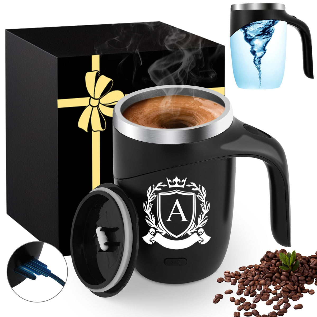 MNZZ Initial magnetic stirring mug with lid for on-the-go blending