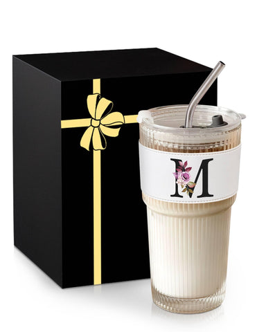 MNZZ monogram glass cup with lid and straw for personalized daily beverages.