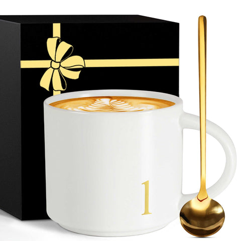 MNZZ monogrammed ceramic mug with gold letters for elegant daily coffee.
