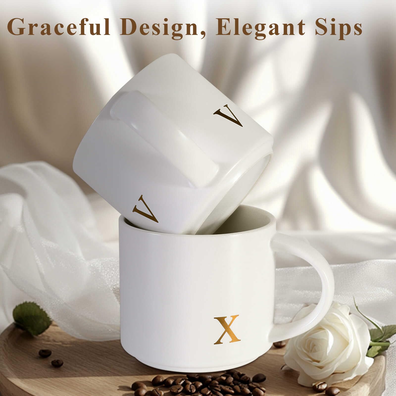 MNZZ monogrammed ceramic mug in white with gold lettering, ideal for gifting.