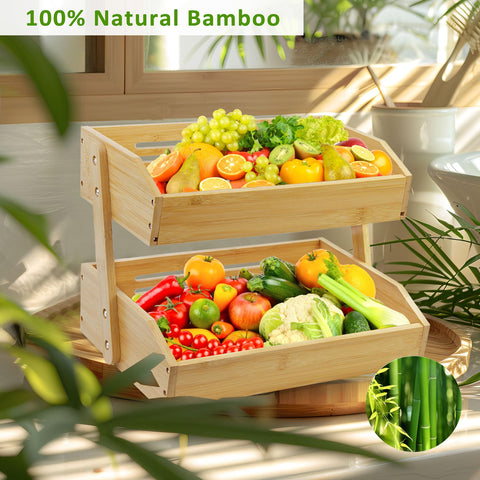 Mobzio durable bamboo stand supports daily fruit, bread, and snacks