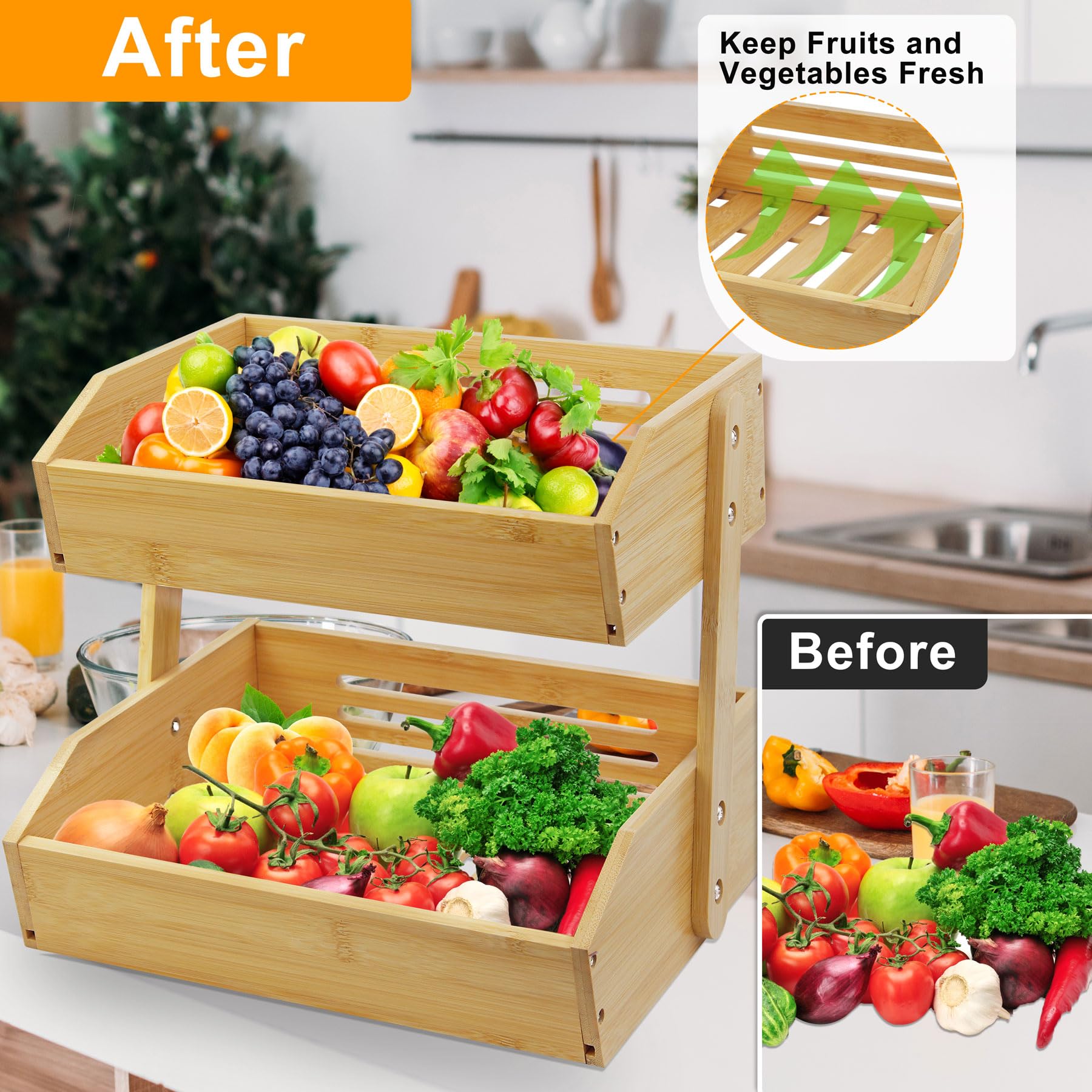 Mobzio stackable wooden fruit holder saves space on countertops