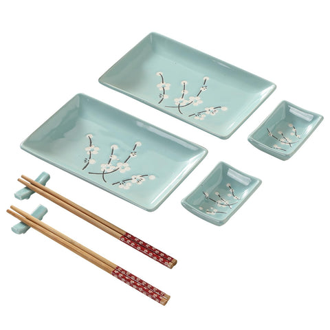 Mocerakai 8-piece sushi plate set with blue plum pattern for elegant entertaining