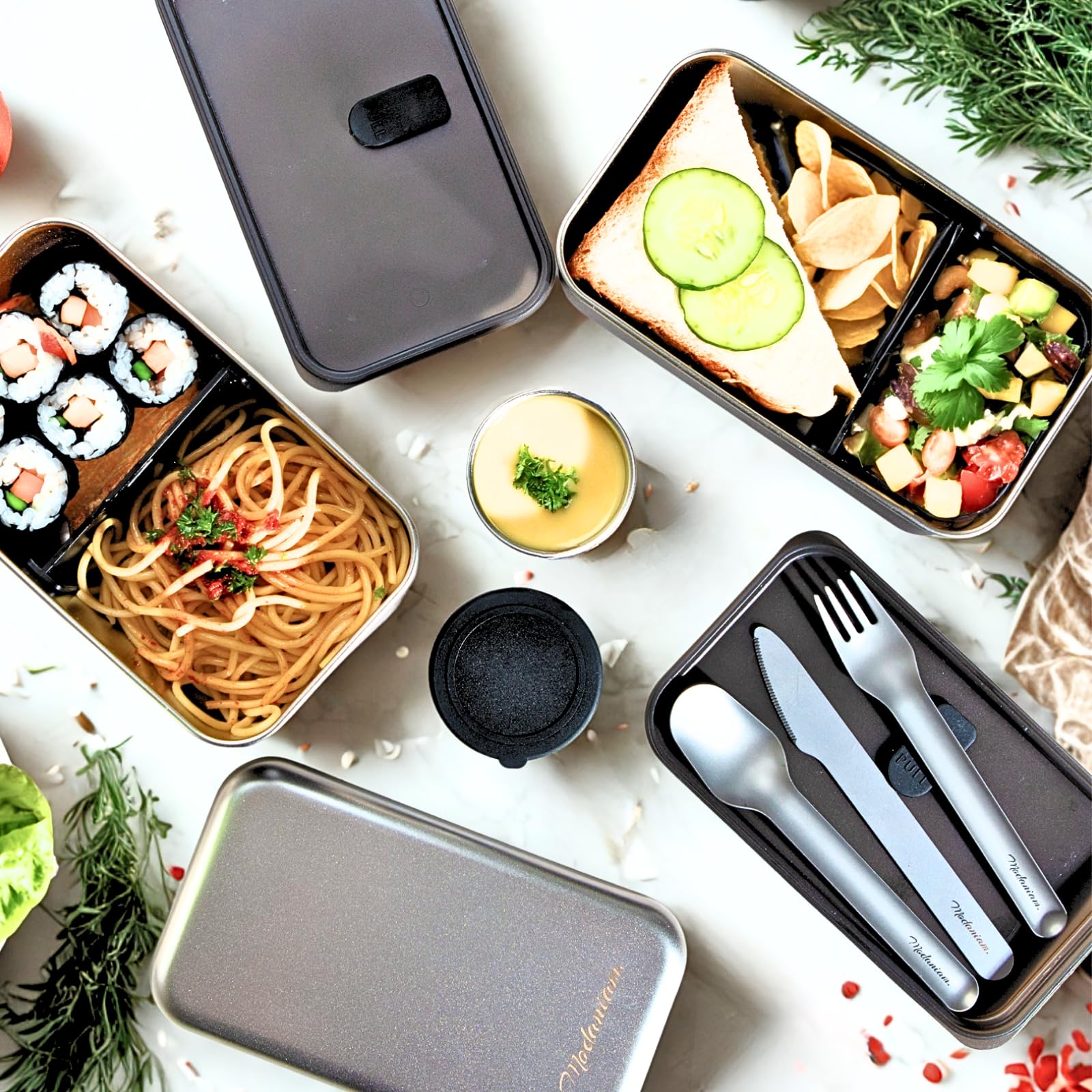 Modaniam bento set with dividers and sauce container for flexible portions.