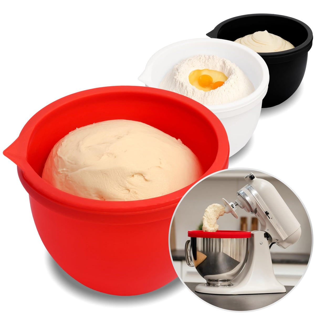 MODAURA MixAid silicone bowl liner in use for mess-free mixing and easy cleanup.