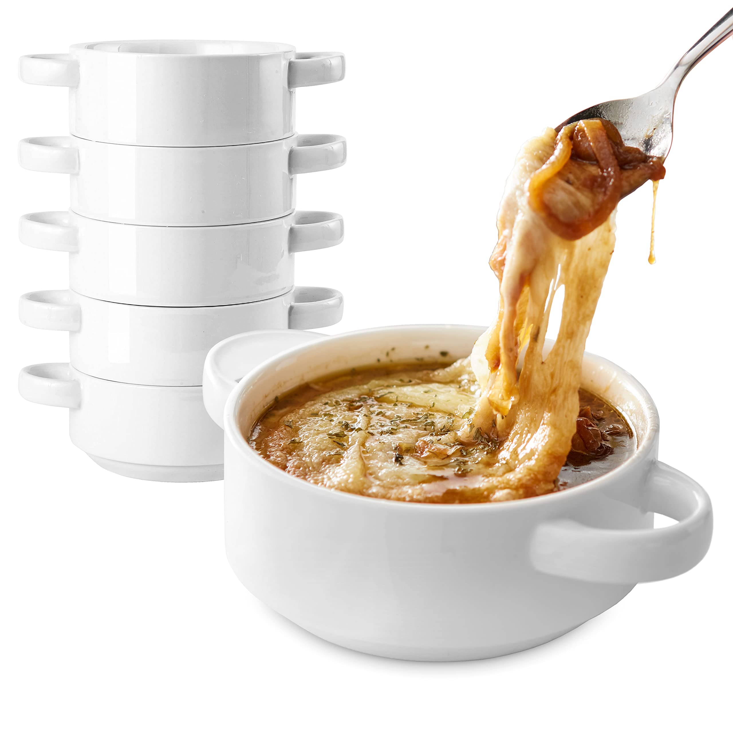 Modern Innovations 20 oz soup bowls with dual handles, oven-safe for easy serving.