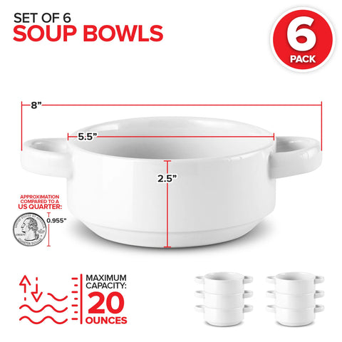 Modern Innovations white stoneware crocks with handles, stackable for space-saving storage.