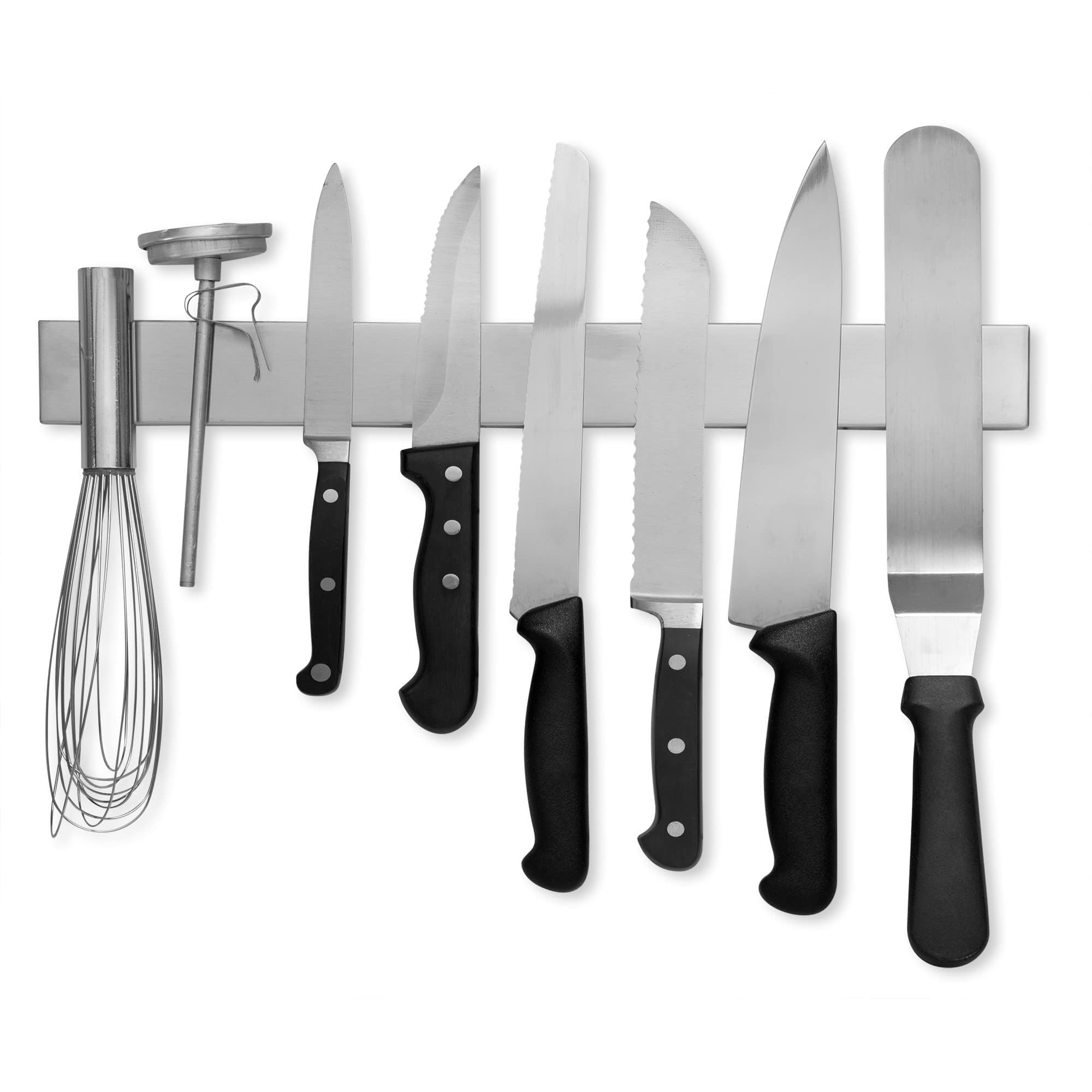 Modern Innovations knife bar close-up in satin stainless steel with strong magnets.