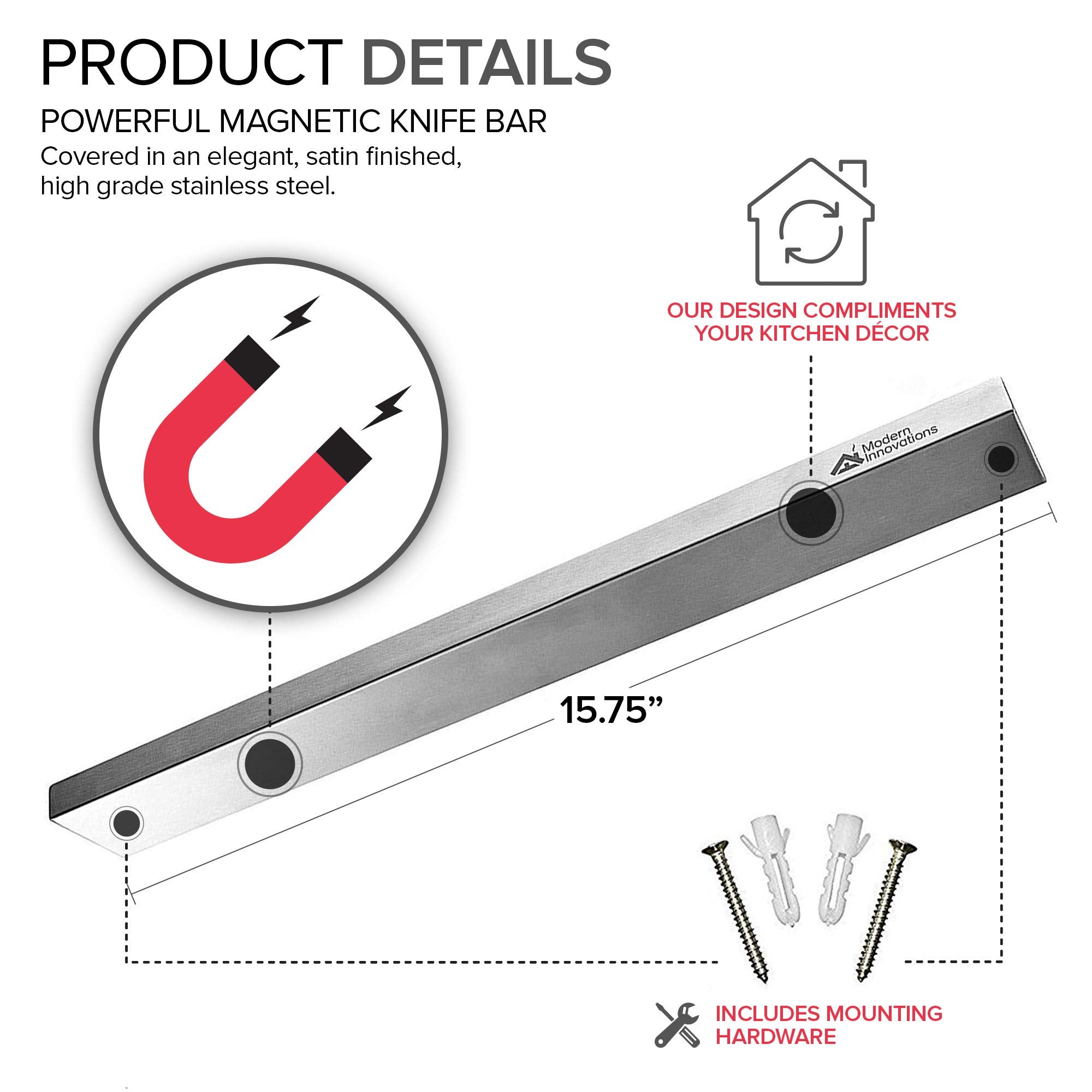Modern Innovations extended-length magnetic bar fitting a compact kitchen space.
