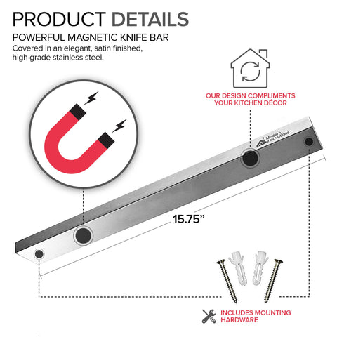 Modern Innovations extended-length magnetic bar fitting a compact kitchen space.