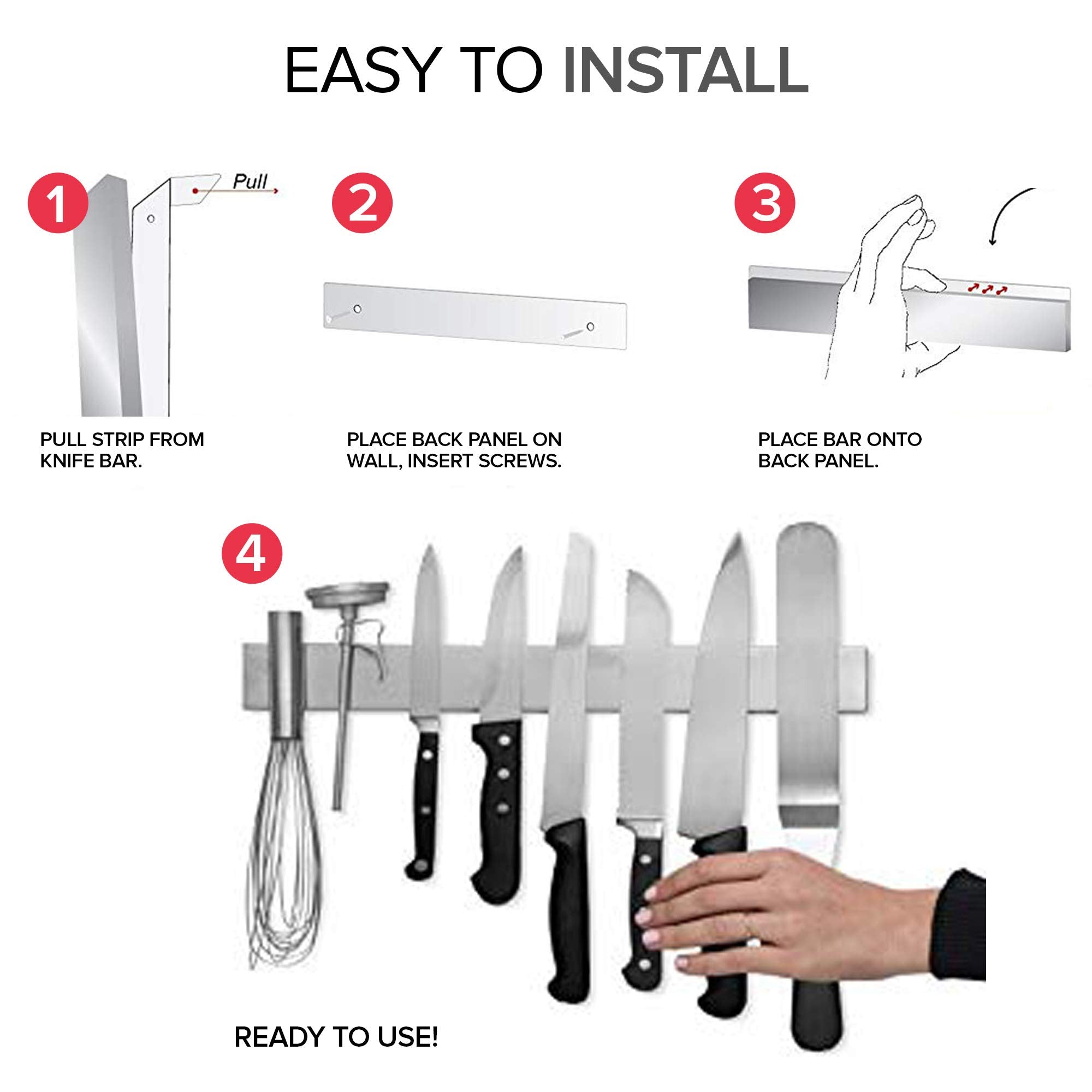 Modern Innovations stainless steel knife bar with hardware included for installation.