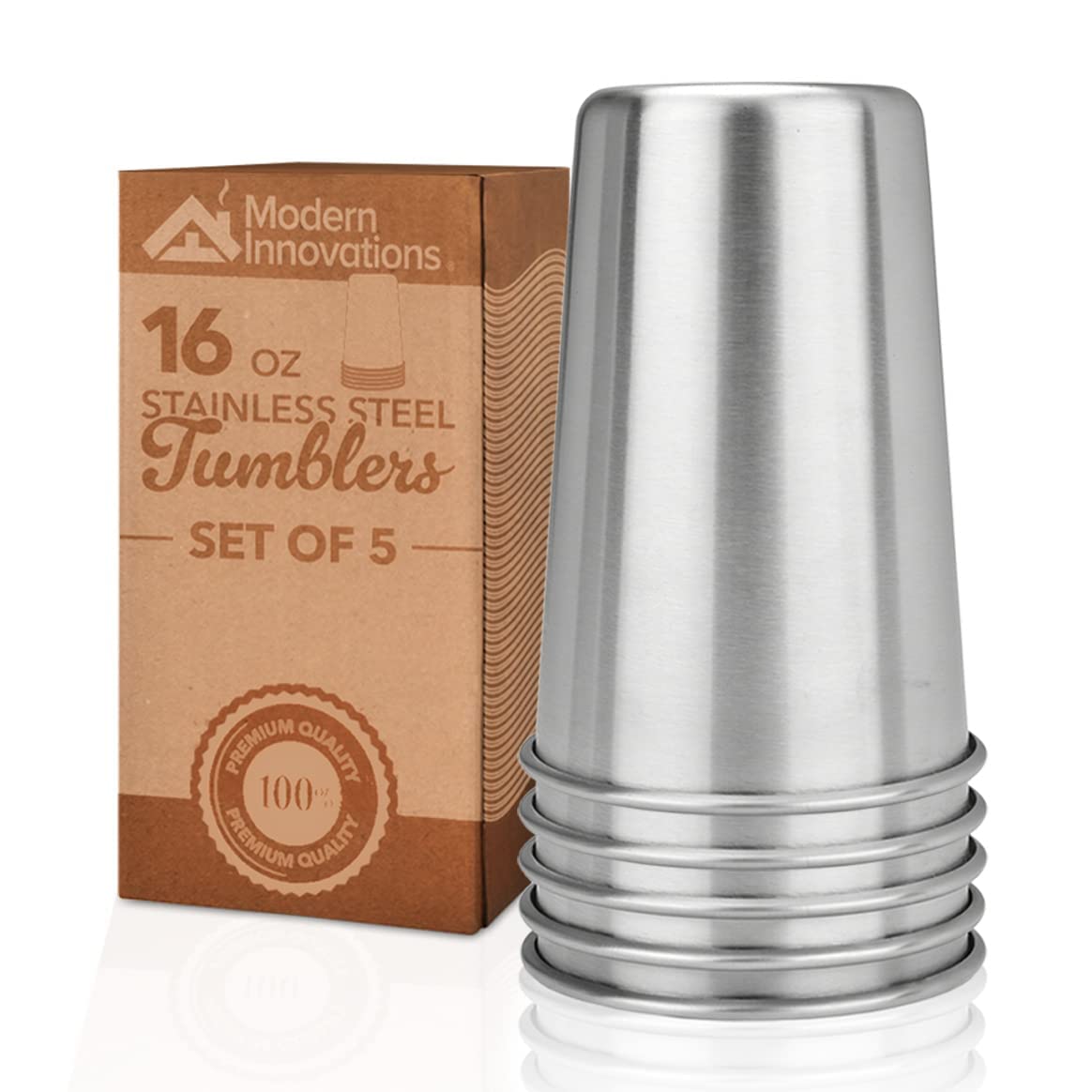 Modern Innovations stackable tumbler 16oz five-pack for easy transport and space-saving use.