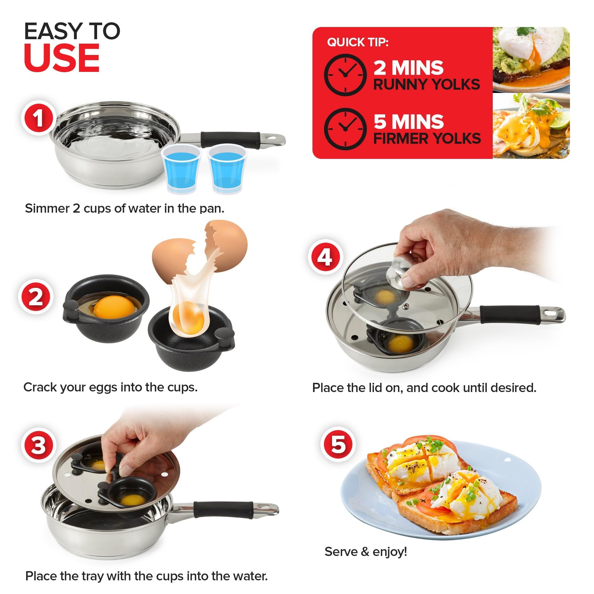 Modern Innovations stovetop poached eggs cooked evenly on the pan