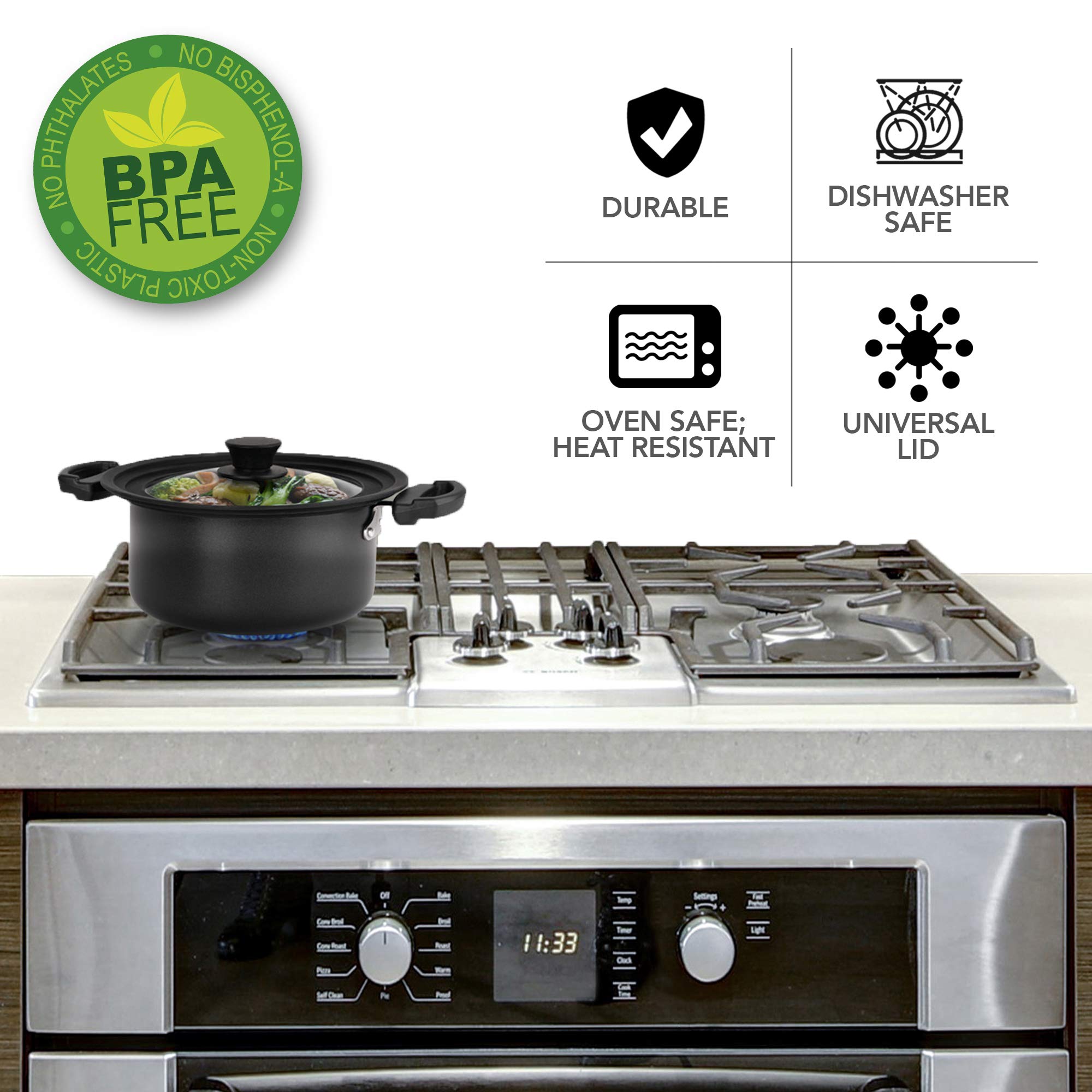 Modern Innovations universal lid 10-inch fits large skillets and pots for quick meals.