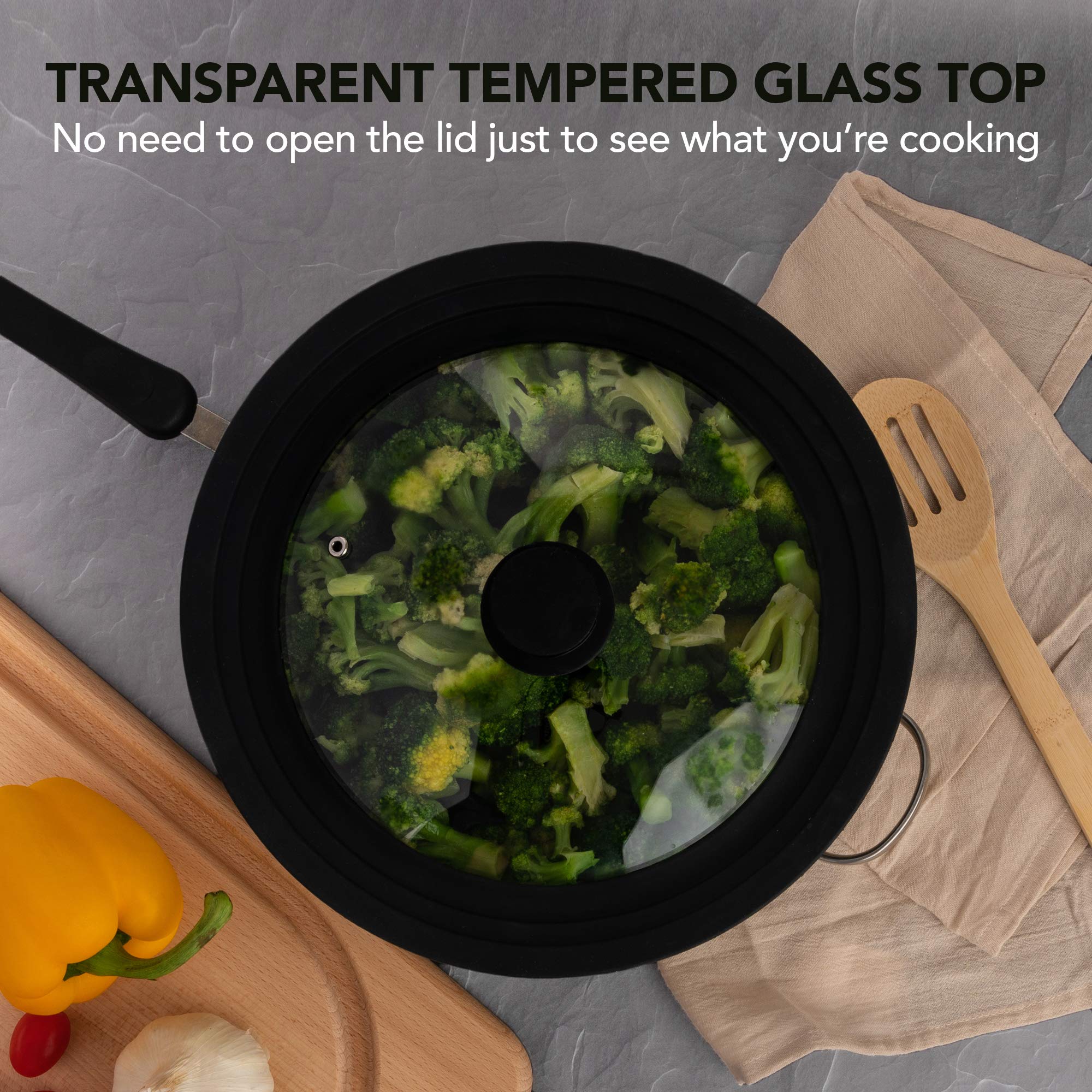 Modern Innovations universal lid 11-inch vented design reduces moisture buildup effectively.