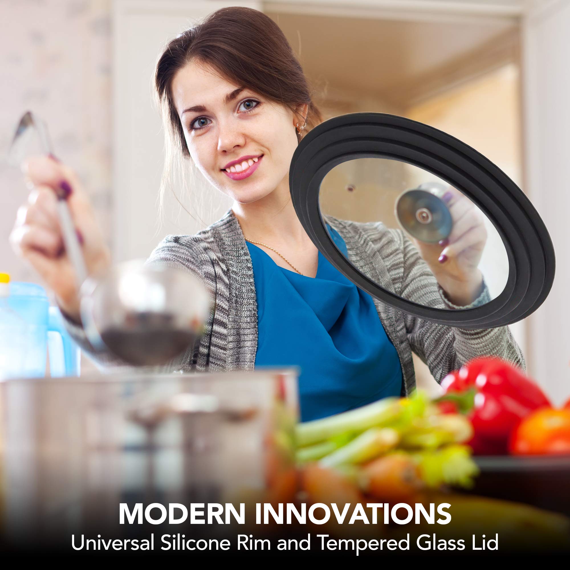 Modern Innovations universal lid 12-inch sturdy silicone with heat-resistant handle for safe cooking.