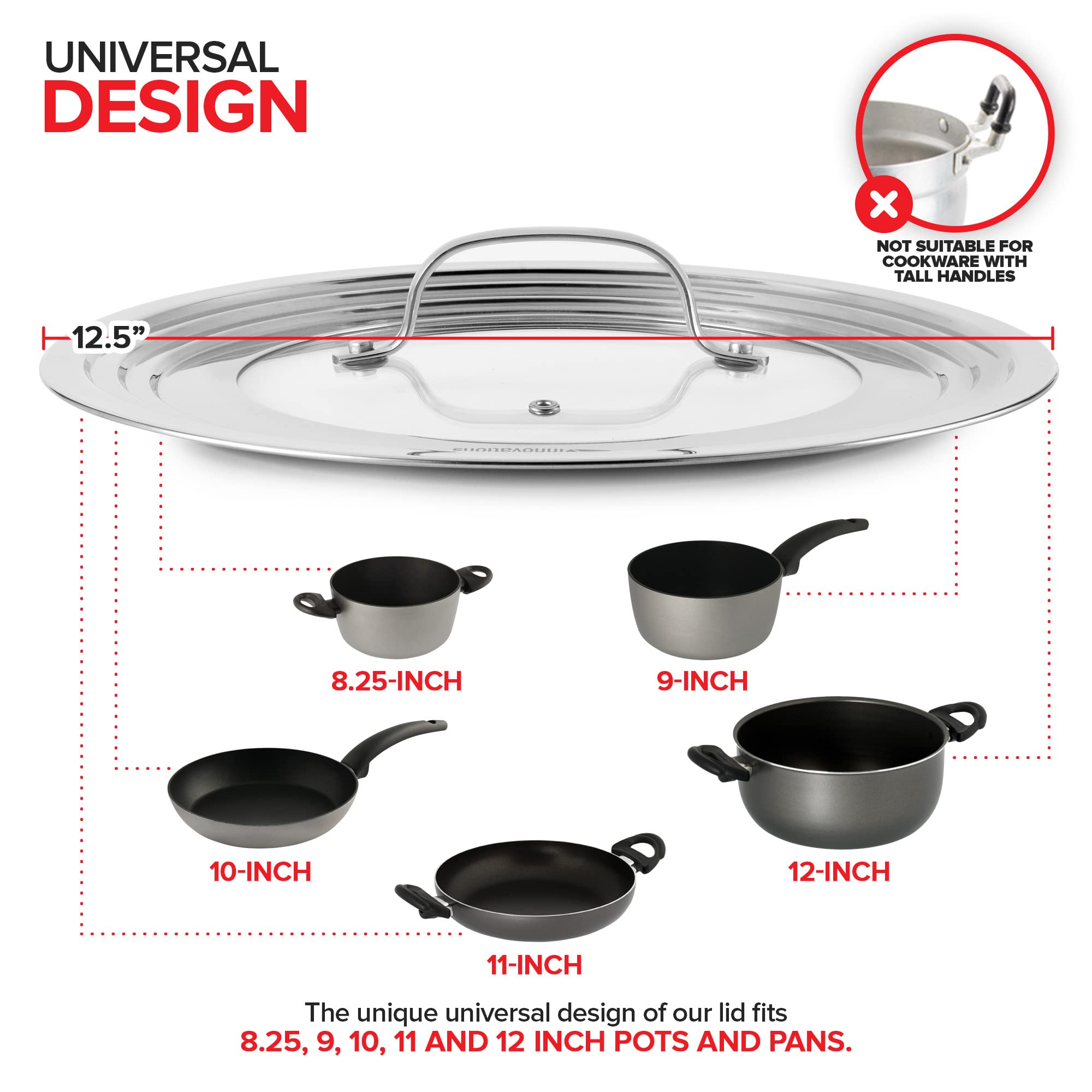 Modern Innovations universal lid fits 8.25-12 inch cookware for clutter-free kitchen storage
