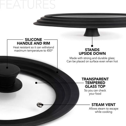 Modern Innovations universal lid 9-inch glass top highlights clear viewing during simmering.
