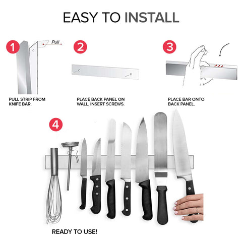 Wall-mounted Modern Innovations knife bar installed in a clean kitchen