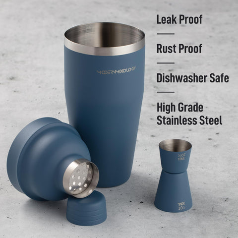 Modern Mixology shaker close-up highlighting the built-in strainer and cap.