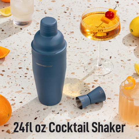 Modern Mixology double-sided jigger enables accurate, measured pours.