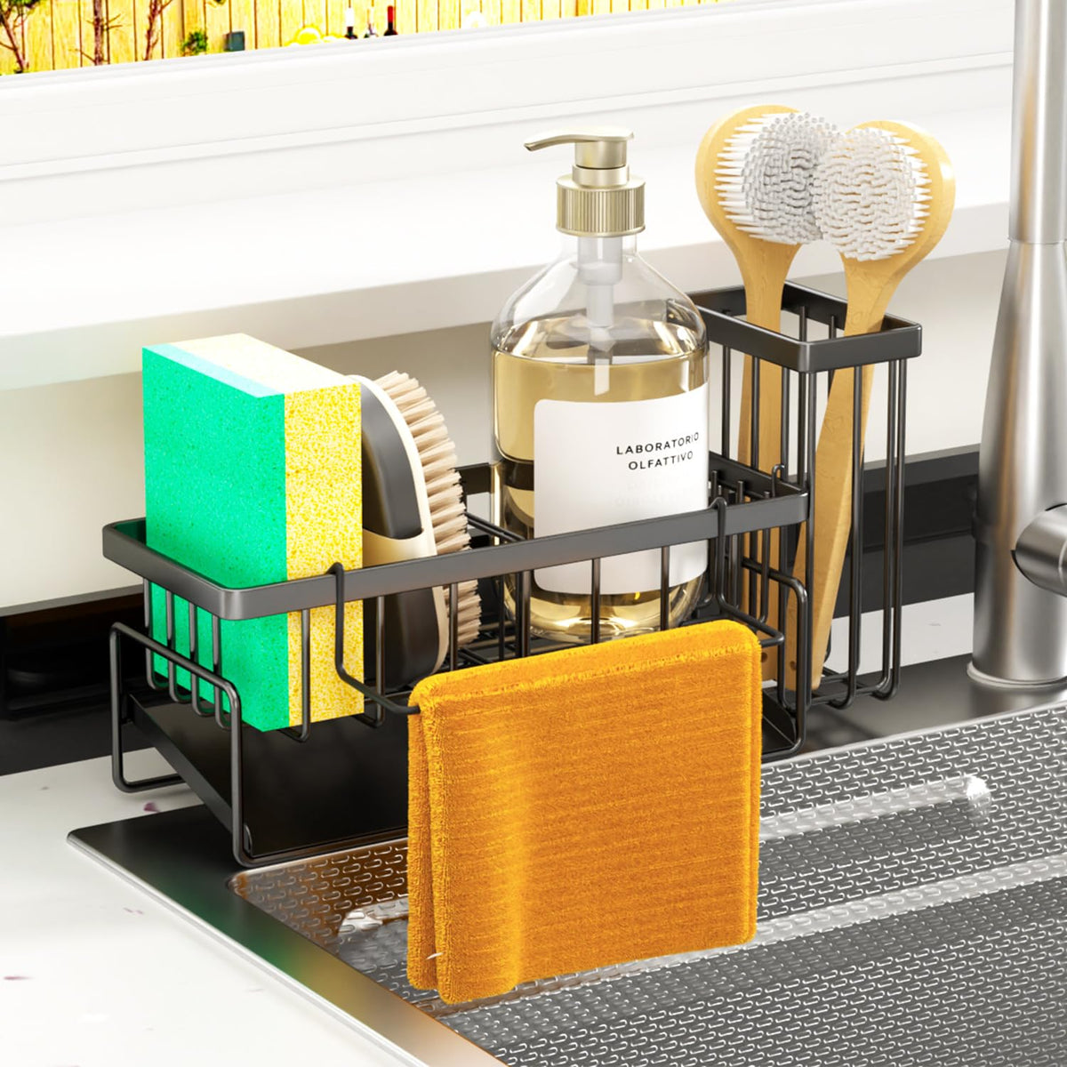 MODRACKLY sponge holder in-use keeps counter clean.