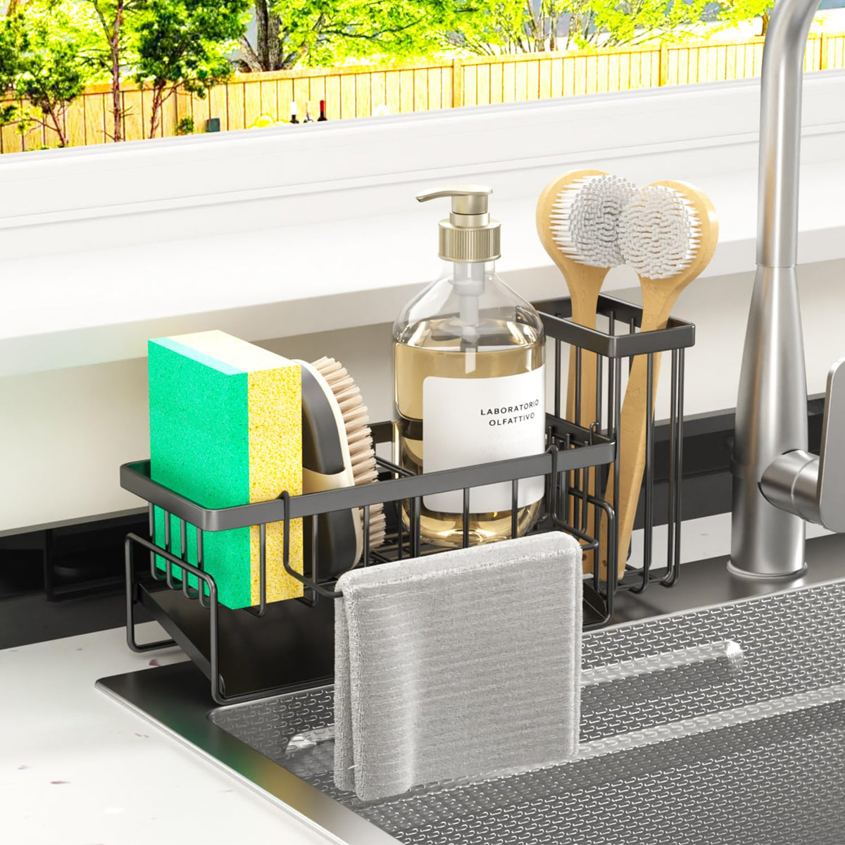 MODRACKLY sponge holder sink caddy keeps sponges organized and ready for quick cleaning.