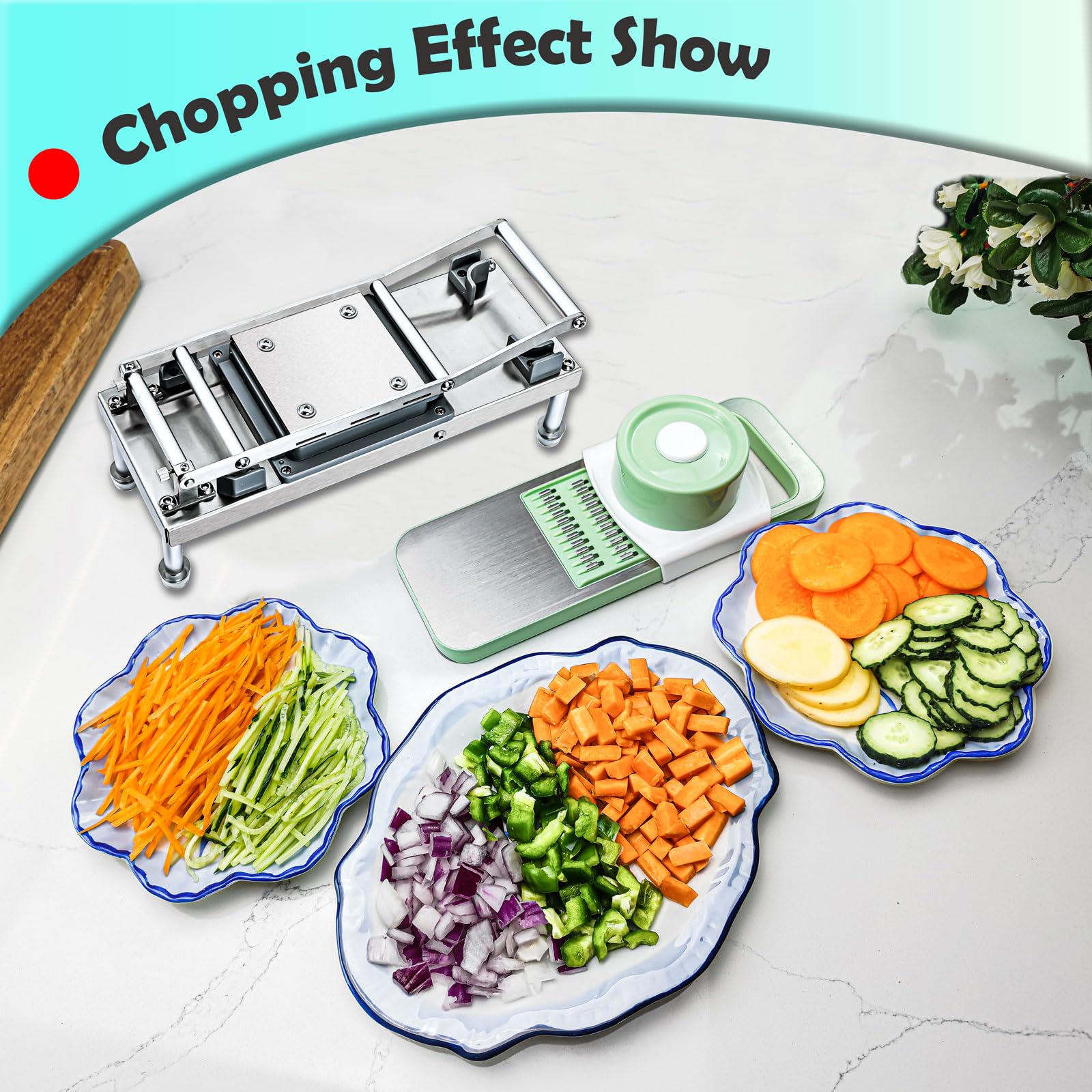Moeuonb included container collects chopped vegetables for easy transfer.