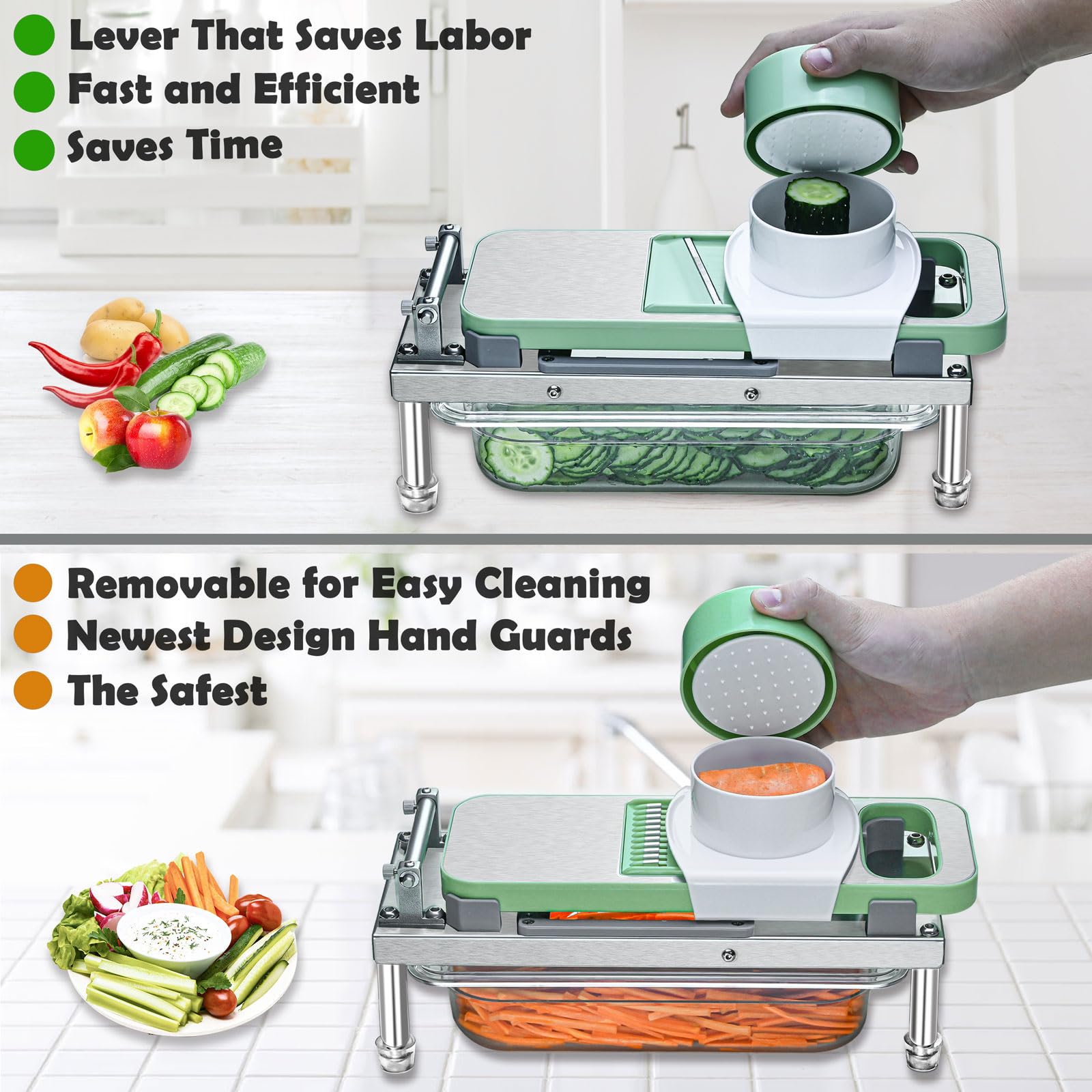 Moeuonb stainless steel body emphasizes safety and durability in daily kitchen prep.
