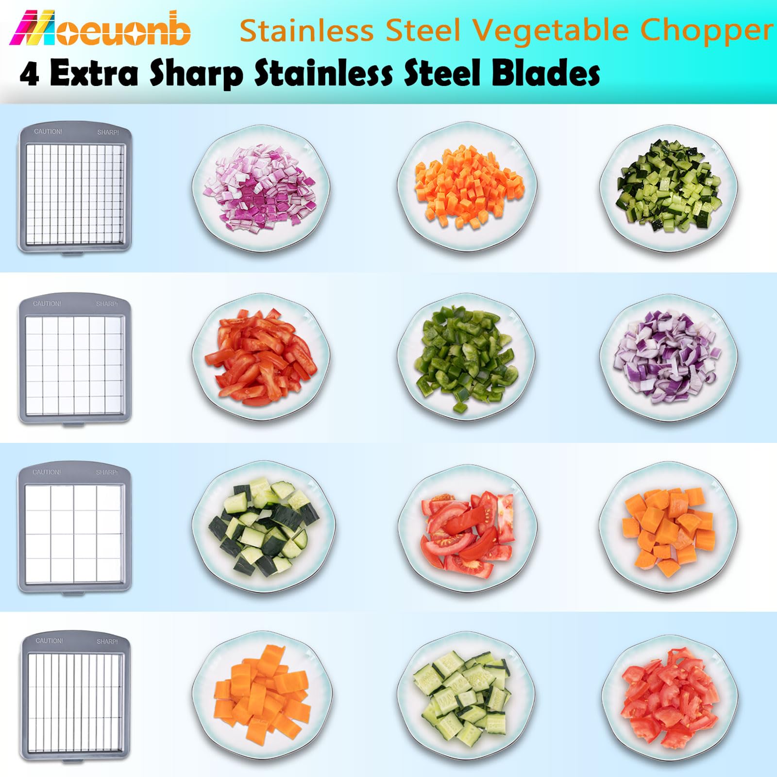 Moeuonb chopper slices tomatoes evenly for salads and toppings