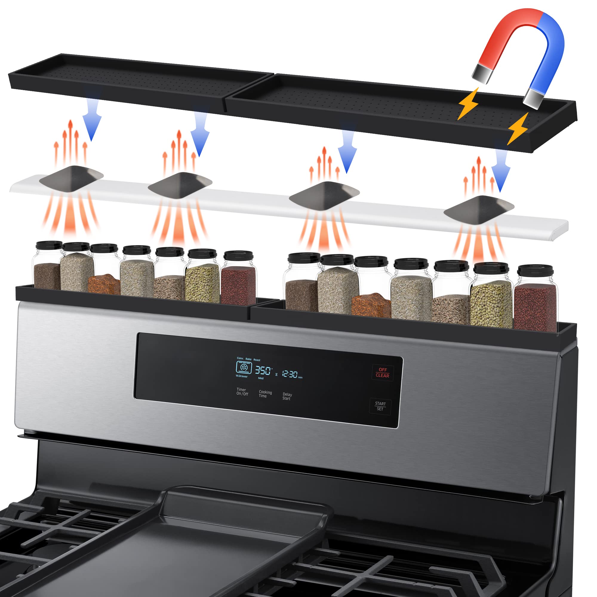 Mofason silicone magnetic stove top shelf mounted above the stove for easy spice access