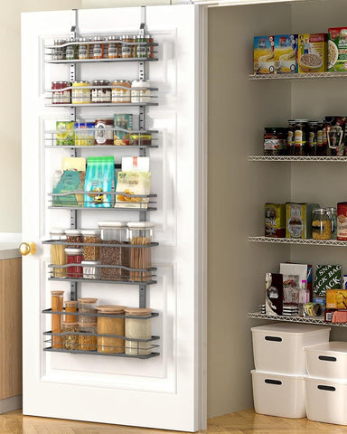 Moforoco 6-tier over-the-door organizer mounted on a door for easy pantry access.