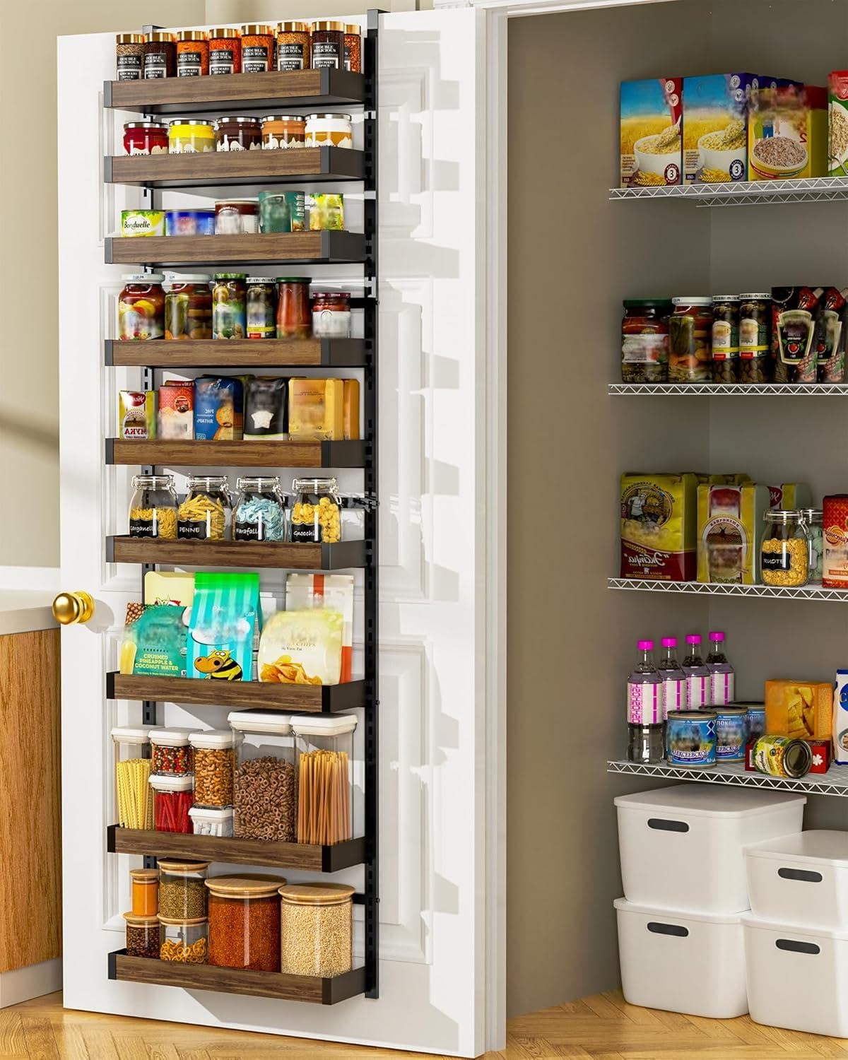 Moforoco 9 tier over the door pantry organizer mounted on a kitchen door for space saving storage
