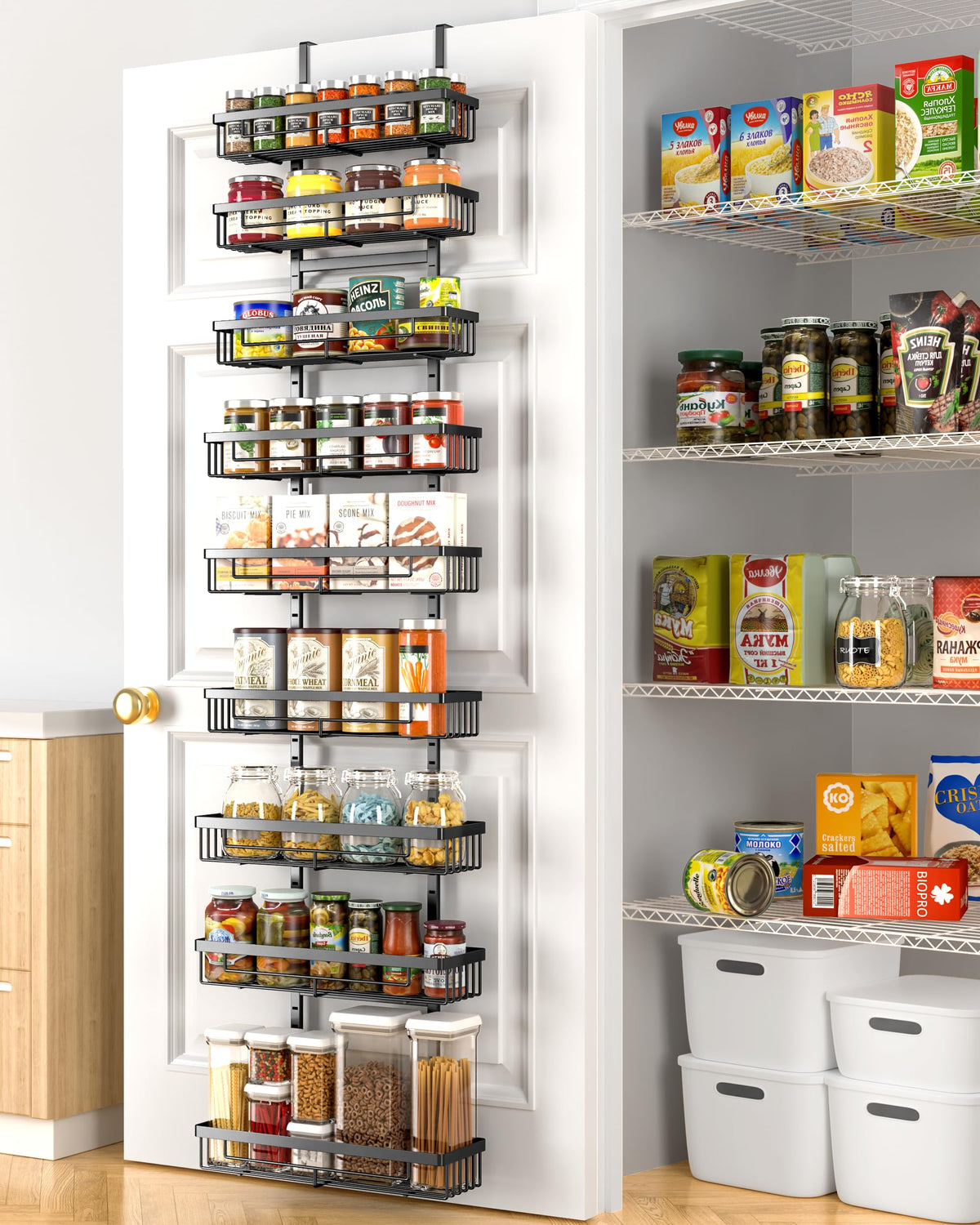 Moforoco 9-tier over-the-door pantry organizer on a black finish for kitchen storage