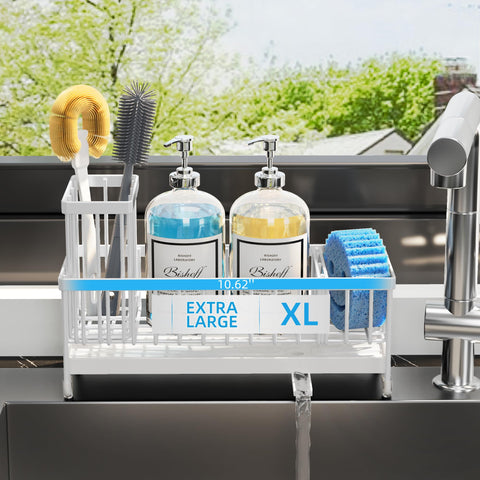 Moforoco extra large sink caddy with extended length fits two soap bottles, four brushes, and a sponge.