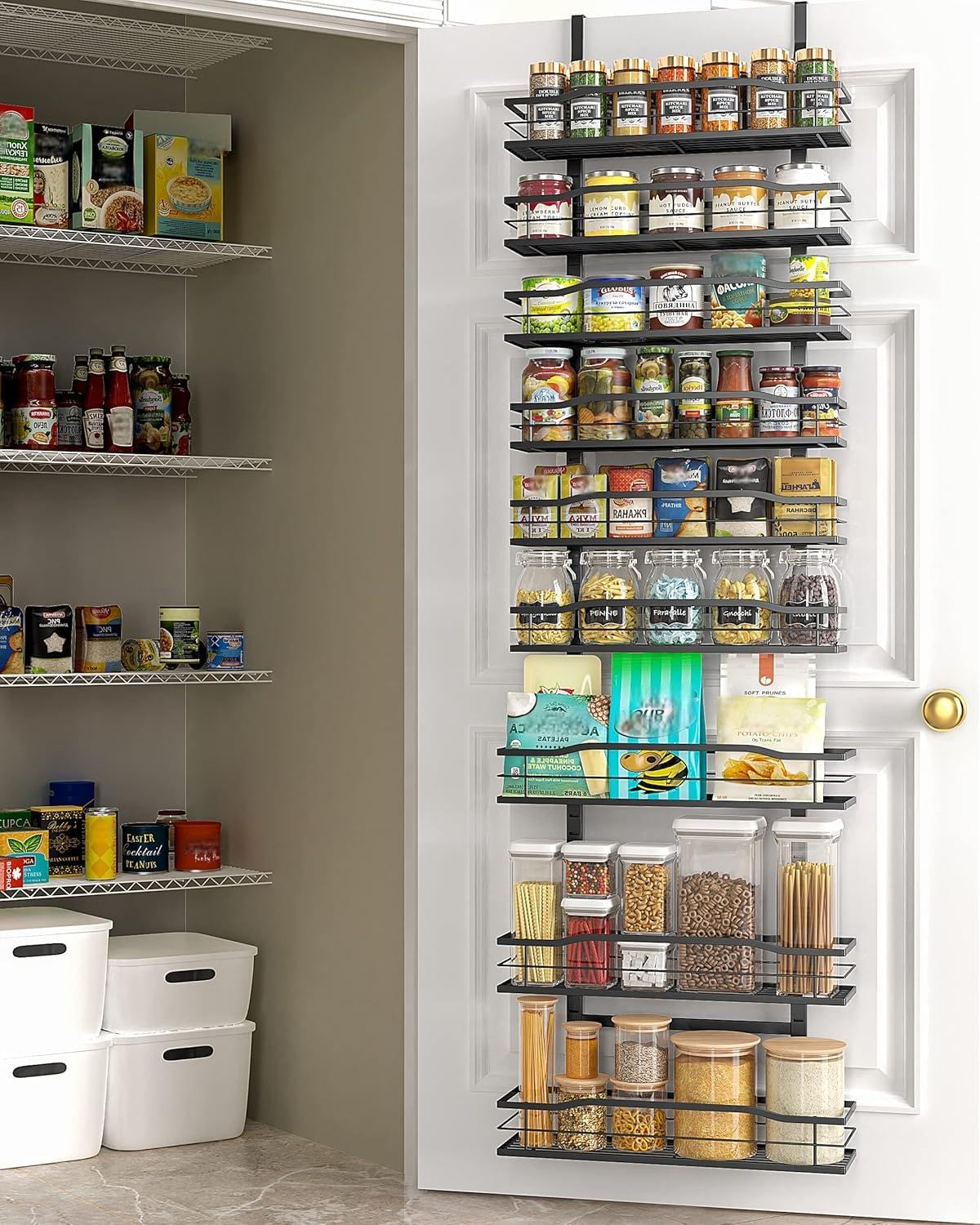 Moforoco over-door pantry shelves provide easy spice access.