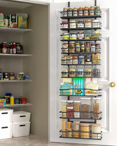 Moforoco over-door pantry shelves provide easy spice access.