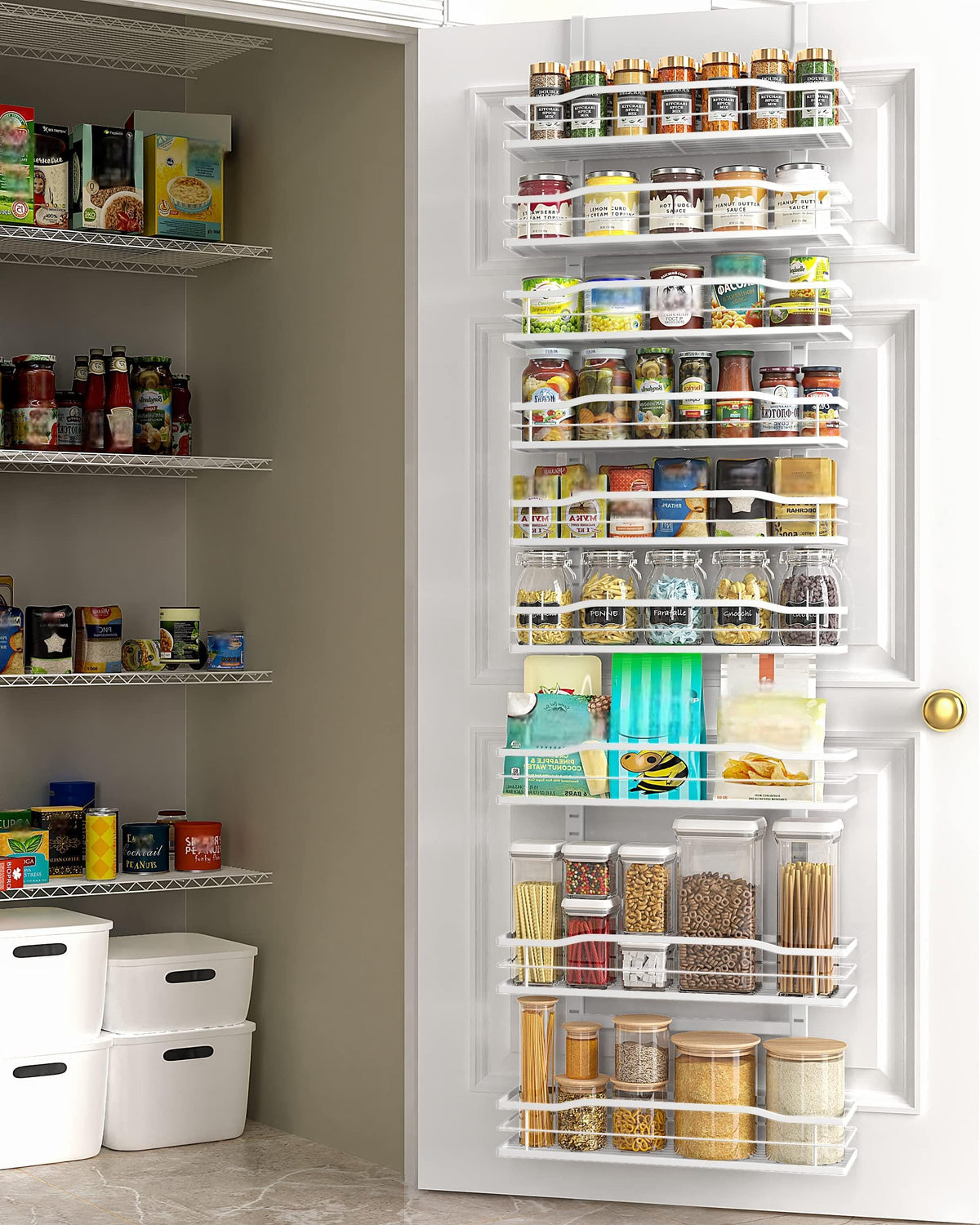 Moforoco white 9-tier over-the-door pantry organizer saves space.