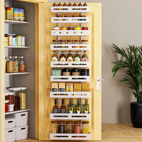 Moforoco White 9-Tier Over-The-Door Pantry Organizer on a doorway, maximizing spice storage.