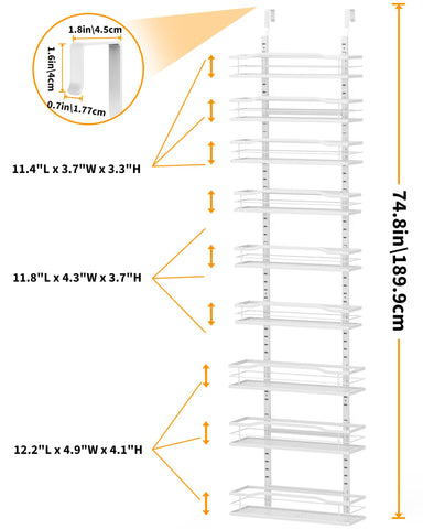 Moforoco white 9-tier pantry organizer mounted on door, side view