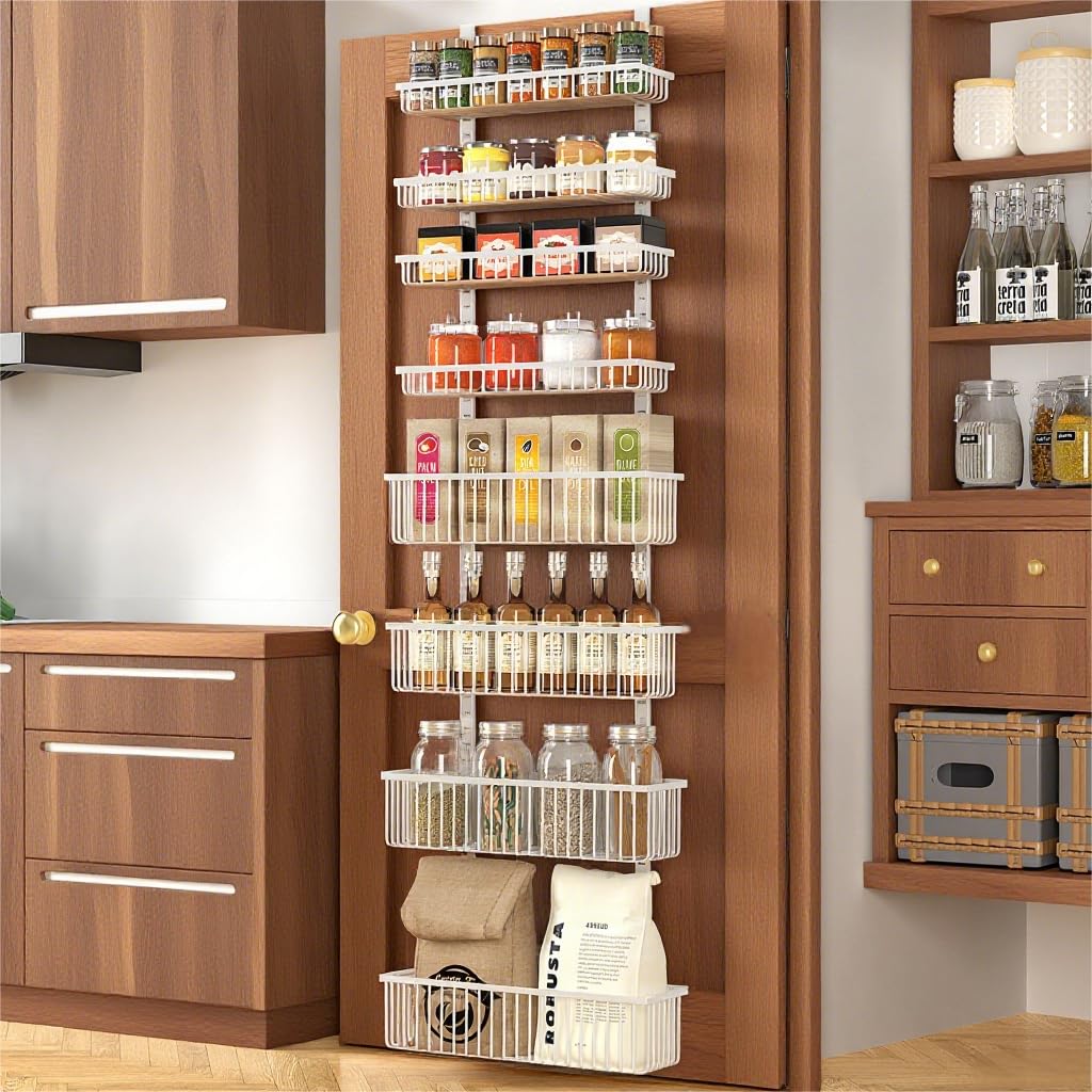 Moforoco white over-the-door pantry organizer front view for easy spice and snack access
