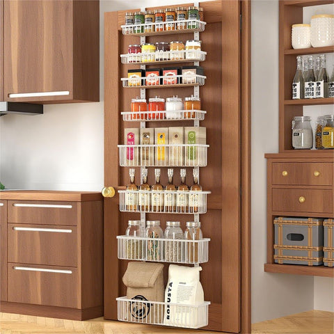Moforoco white over-the-door pantry organizer front view for easy spice and snack access