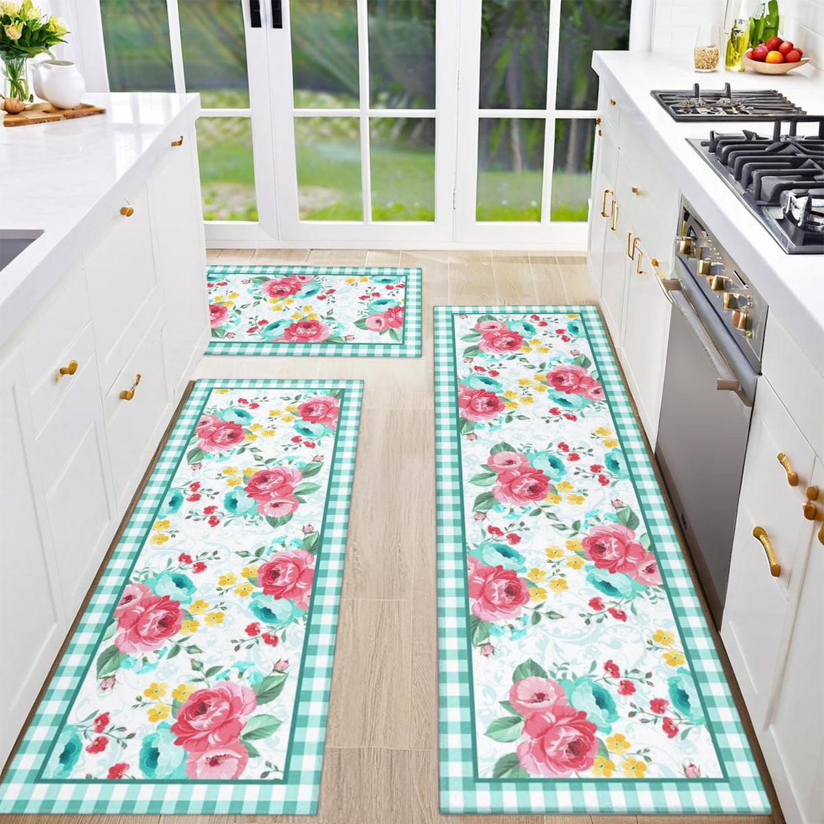 Mofvugz red-teal floral kitchen rug 17x30—soft comfort for longer cooking sessions.
