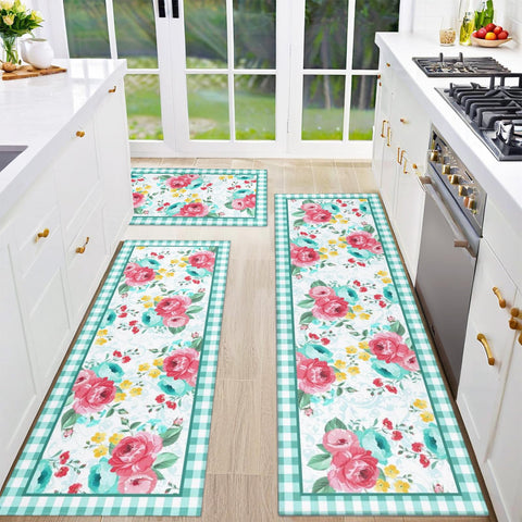 Mofvugz red-teal floral kitchen rug 17x30—soft comfort for longer cooking sessions.