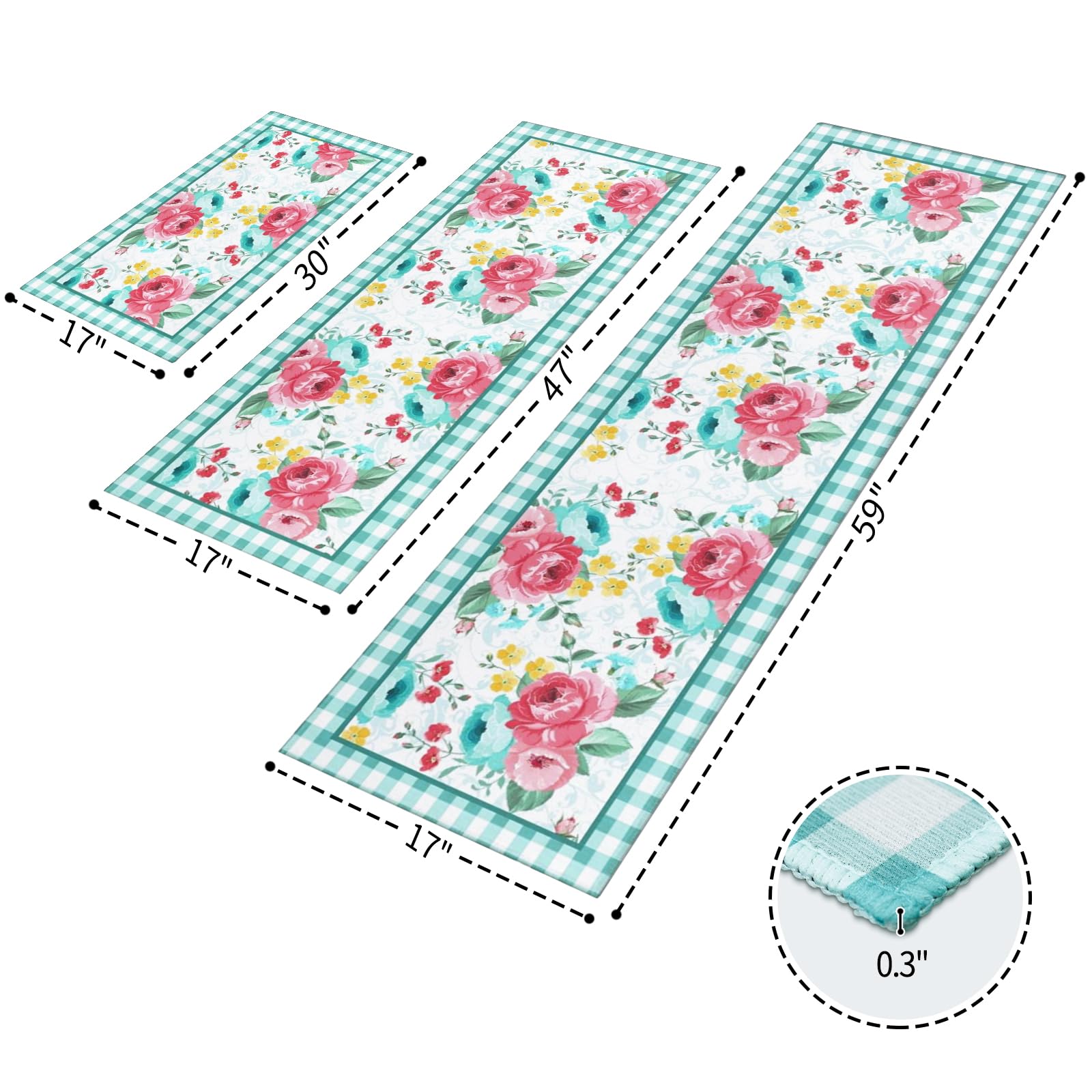 Mofvugz red-teal floral kitchen rug 17x47—ample coverage for prep and cleanup zones.
