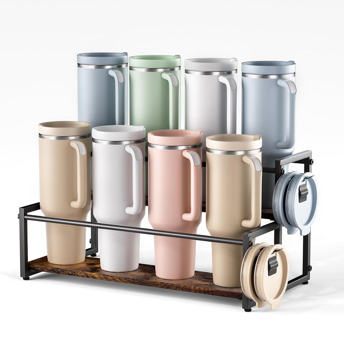 MOJOHAND 2-tier water bottle rack organizes eight large tumblers on the counter
