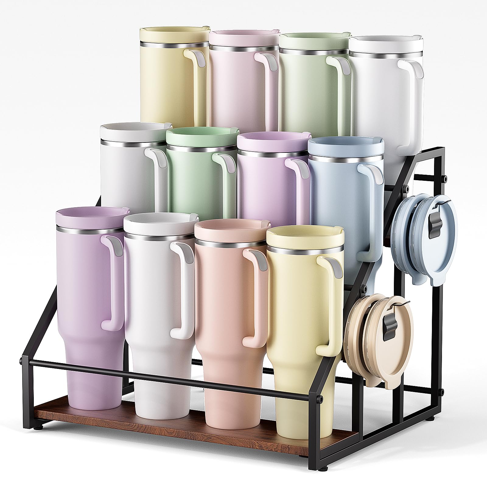 MOJOHAND 3-tier water bottle organizer on countertop keeping 12 tumblers neatly.