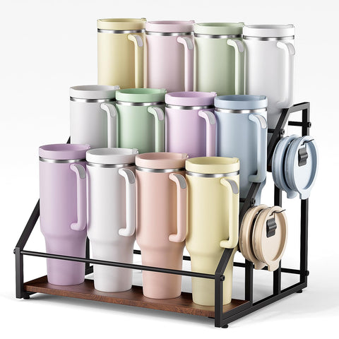 MOJOHAND 3-tier water bottle organizer on countertop keeping 12 tumblers neatly.