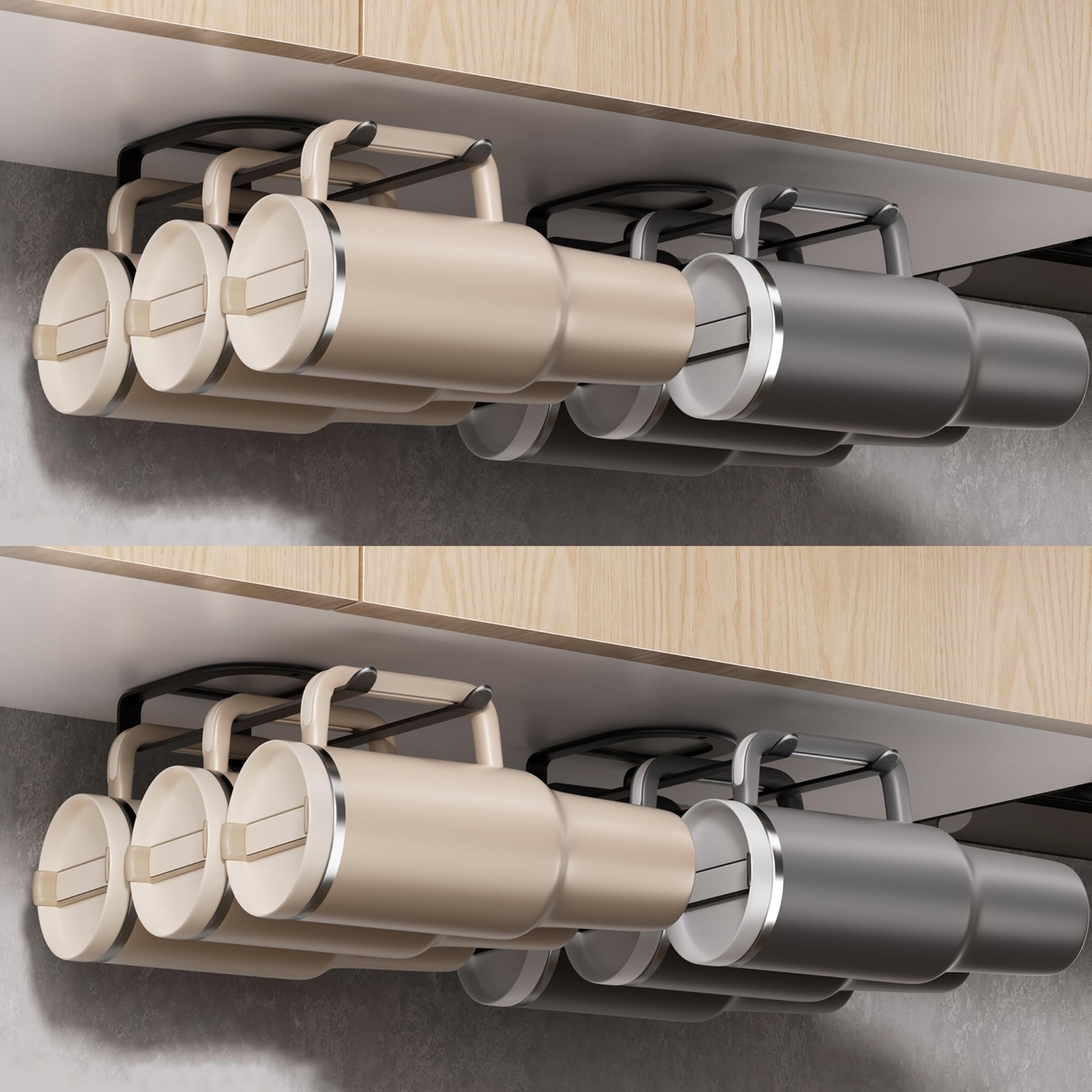 MOJOHAND tumbler rack with double hanging rod keeps Stanley tumblers accessible in pantry