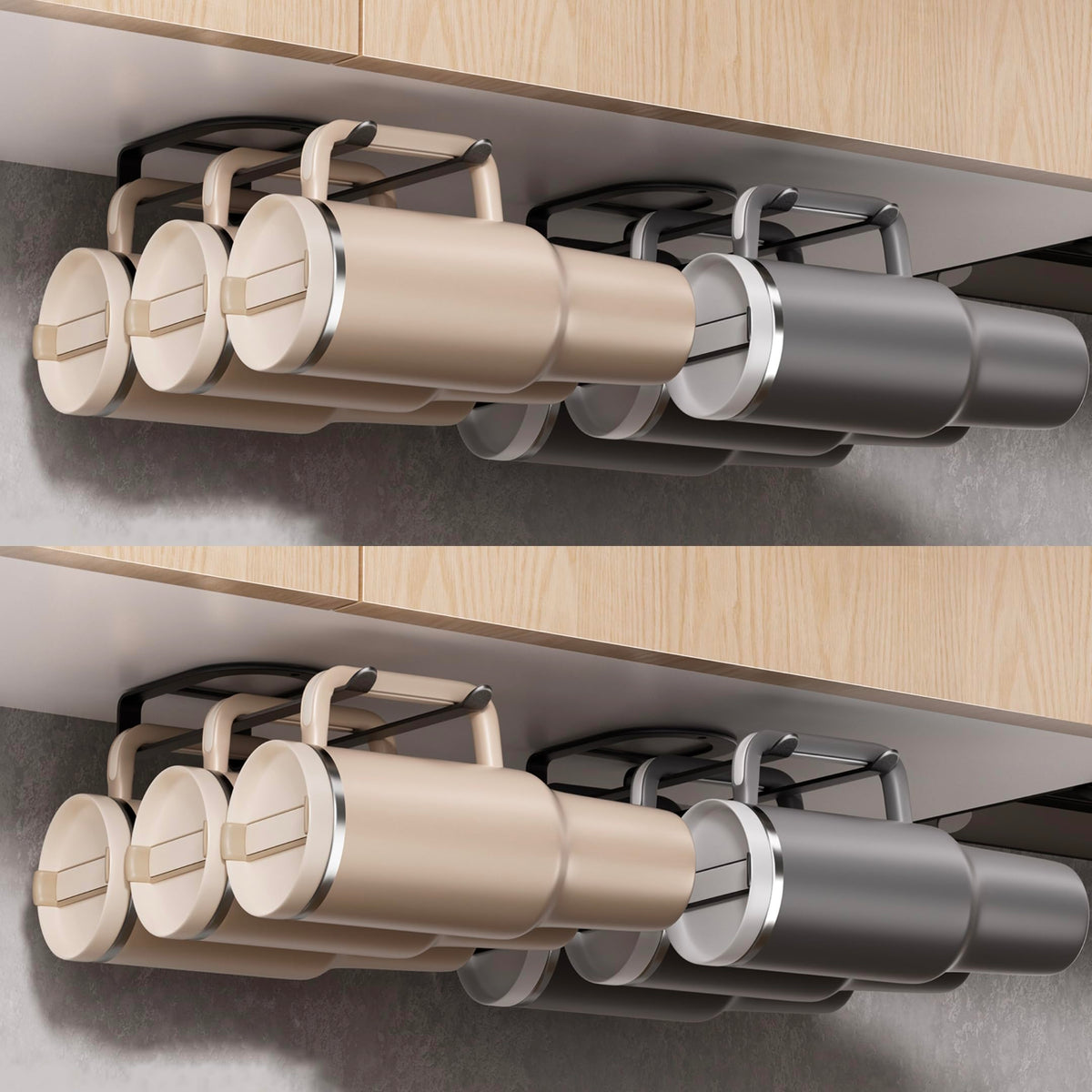 MOJOHAND tumbler rack with double hanging rod keeps Stanley tumblers accessible in pantry